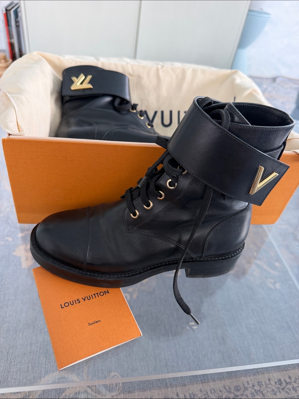 Louis Vuitton Black Leather Lace-Up Boots with Gold LV Accent